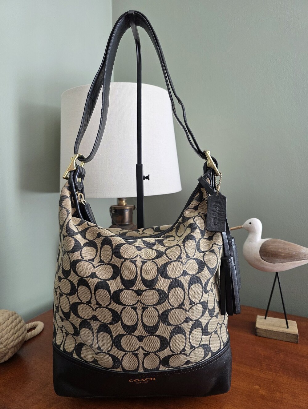 Coach 27041 Legacy Signature Jacquard Duffle Hobo Shoulder Bag Khaki Black Y2K